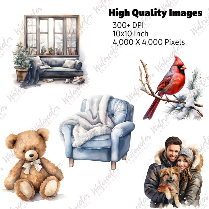 Cozy Winter Clipart Watercolor PNG | Cold Winter Scene | Rustic Winter ...