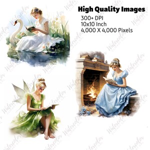 Peut inclure: Trois illustrations &agrave; l'aquarelle montrant des personnages lisant. Un personnage en robe blanche pr&egrave;s d'un cygne, un en robe verte avec des ailes, et un en robe bleue pr&egrave;s d'une chemin&eacute;e. Texte : High Quality Images, 300+ DPI, 10x10 Inch, 4,000 X 4,000 Pixels.