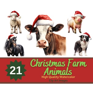 Christmas Farm Animal Watercolor Clipart | Cute Animal Clipart | Country Christmas | Barn Animals PNG | Christmas Clipart | Junk Journal