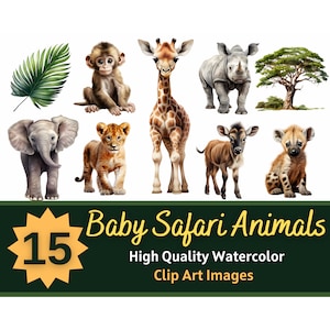 Bébé Safari Animal Clipart Aquarelle Bundle | Bébé Safari Animal PNG | Décor de pépinière bébé Safari | Safari-Jungle | Embellissement de fabrication de cartes
