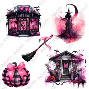 Pink Halloween PNG Watercolor Bundle | Pink Halloween Clipart | Cute Halloween | Halloween Junk Journal | Cardmaking Embellishment image 6