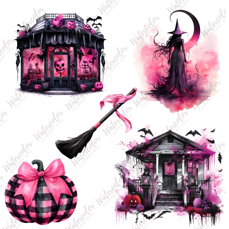 Pink Halloween PNG Watercolor Bundle | Pink Halloween Clipart | Cute Halloween | Halloween Junk Journal | Cardmaking Embellishment image 6