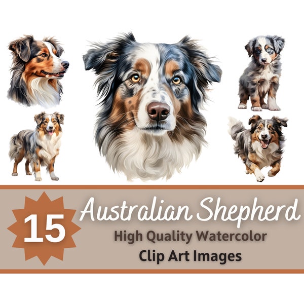 Australian Shepherd Clipart Watercolor Bundle | Dog Portrait | Australian Shepherd PNG | Junk Journal Dogs | Cardmaking Embellishment