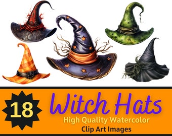 Whimsical Witch Hat PNG Halloween Watercolor Bundle | Halloween Witch Clipart | Junk Journal | Halloween Planner | Cardmaking Embellishment