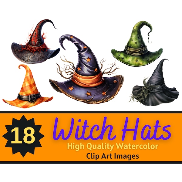 Whimsical Witch Hat PNG Halloween Watercolor Bundle | Halloween Witch Clipart | Junk Journal | Halloween Planner | Cardmaking Embellishment