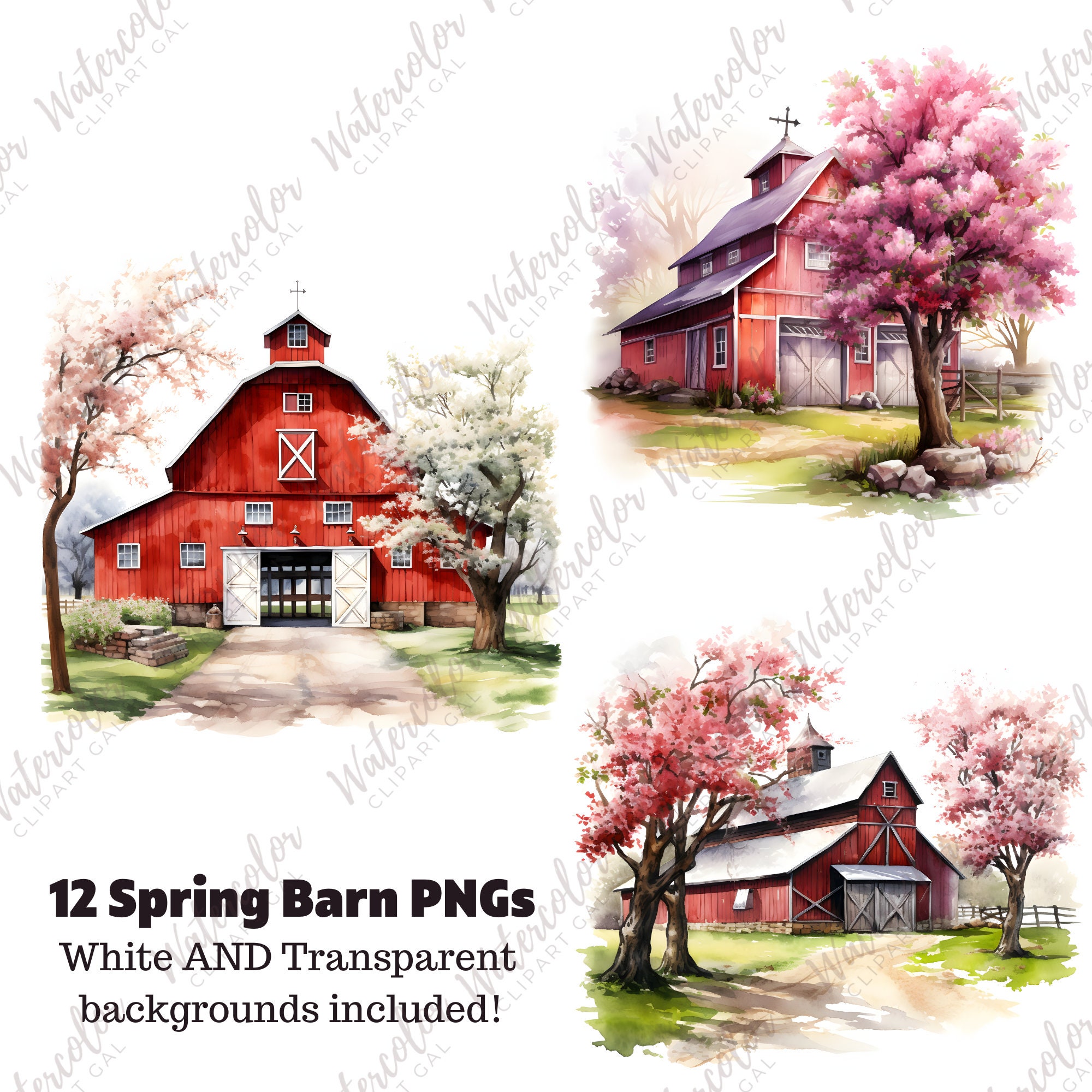 Spring Barn Drawings Spring Red Barn Clipart Watercolor Bundle | Farmers House Pngs | Rustic ...