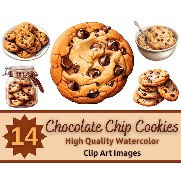 Chocolate Chip Cookie Clipart Watercolor Bundle | Dessert Clipart | Chocolate Chip Cookie PNG | Cookie Invitation | Baking Clipart