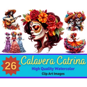 Tag der Toten La Calavera Catrina PNG Aquarell Bundle | Sugar Skull Lady Clipart | Dia de los Muertos PNG | Cardmaking Verschönerung