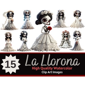 Tag der Toten La Llorona PNG Aquarell Bundle | Kawaii Totenkopf mexikanischen Clipart | Dia de los Muertos PNG | Cardmaking Verschönerung