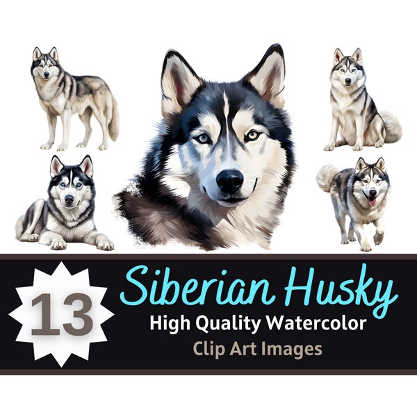 Siberian Husky Clipart Watercolor Bundle | Dog Portrait | Siberian Husky PNG | Dog Lover Art | Junk Journal Dogs | Cardmaking Embellishment