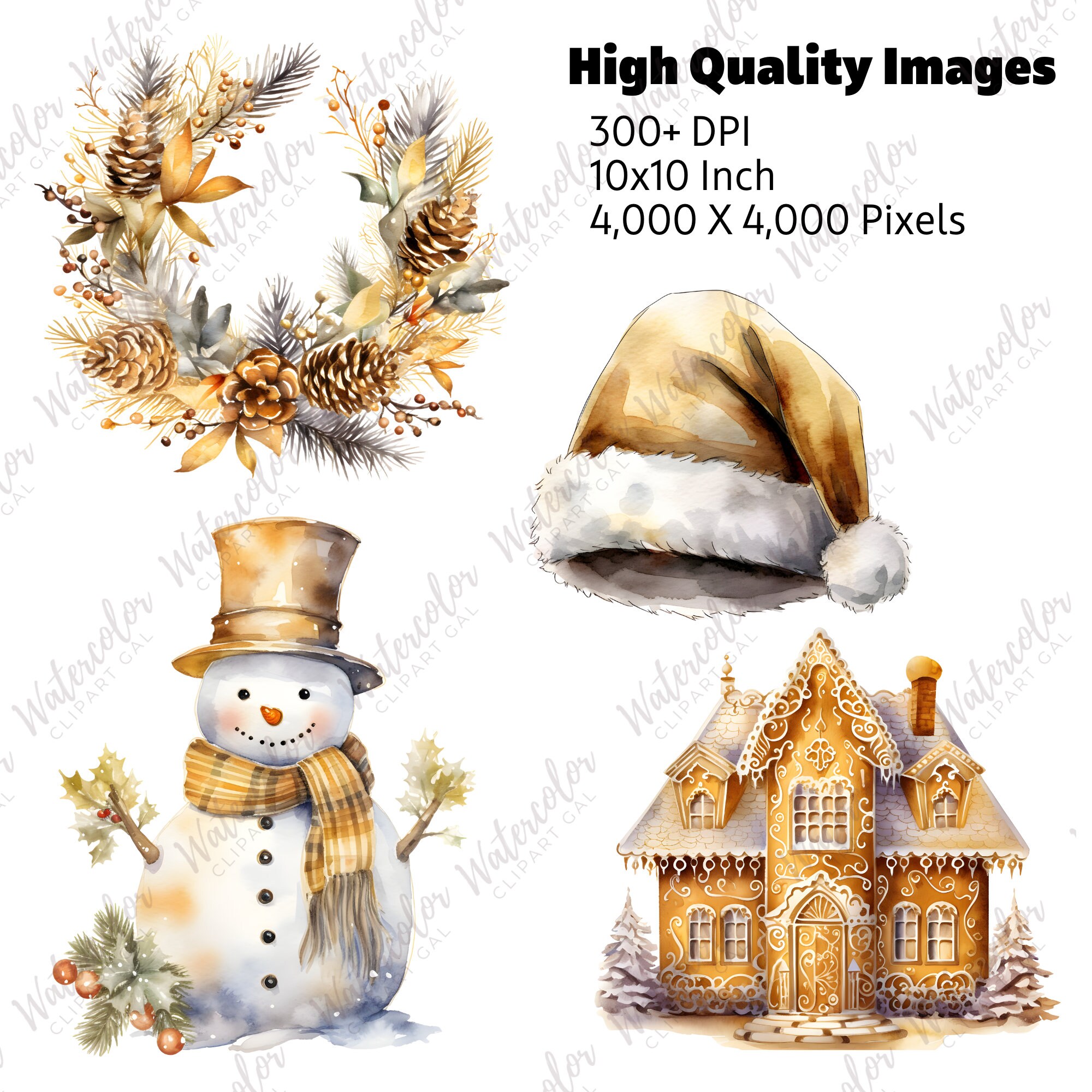 Watercolor Gold Christmas Clipart PNG Bundle Golden Christmas Card ...