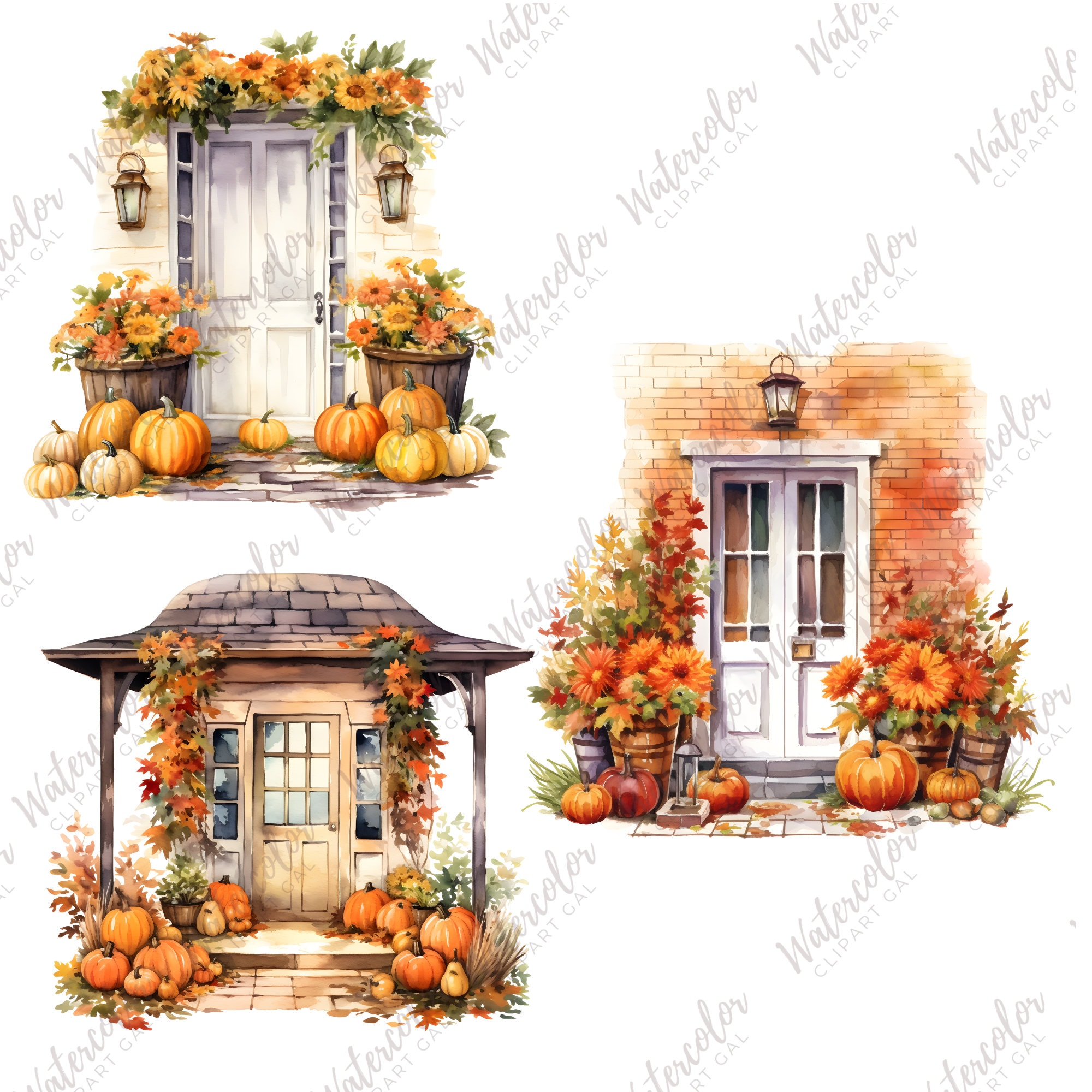 Fall Autumn Porches Watercolor PNG Bundle Fall Door Pngs for ...