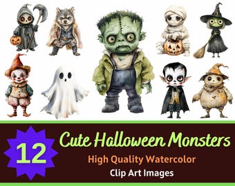 Söt Halloween-monster akvarell clipart PNG-paket | Nyckfull Halloween-clipart | Skräpjournal | Korttillverkning | Scrapbookingkonst