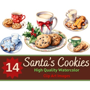 Santa&#39;s Cookies PNG Watercolor Bundle |  Cookies for Santa PNG | Santa Clipart | Christmas Cookie Clipart | Holiday Cardmaking Embellishment