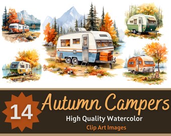 Autumn RV Camper Clipart Watercolor Bundle | Fall Camper PNG | Fall Camping PNG | Autumn Junk Journal Printable | Cardmaking Embellishment