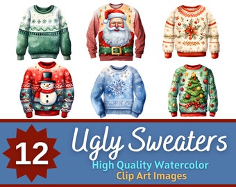 Ugly Sweater PNG Watercolor Christmas Bundle | Christmas Sweater Party | Junk Journal Printable | Holiday Clipart | Cardmaking Embellishment