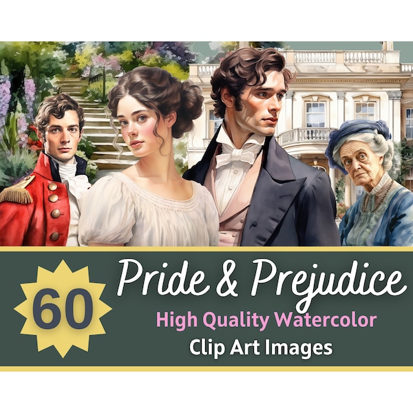 Pride and Prejudice Aquarelle PNG Bundle - Romantique vintage Aquarelle PNG pour Sublimation - HQ Printable Jane Austen Art Digital Download