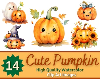 Cute Pumpkins Watercolor Halloween PNG Bundle - Kawaii Pumpkins Halloween Sublimation - HQ Printable Seasonal Halloween Fall Digital Clipart