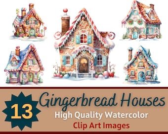Gingerbread Houses Watercolor PNG Bundle - Christmas PNGs for Sublimation - HQ Printable Holiday Gingerbread Cottagecore Digital Clipart