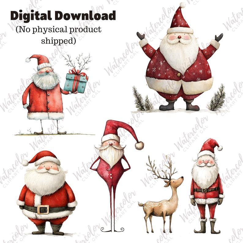 May include: A set of five watercolor illustrations featuring Santa Claus in various poses. The illustrations are in a whimsical style and feature a reindeer, a gift box, and a variety of festive details.