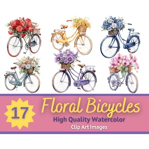 Retro Floral Bicycles Watercolor PNG Bundle - Bike with Flowers Basket PNGs for Sublimation - HQ Printable Vintage Bicycle Digital Clipart