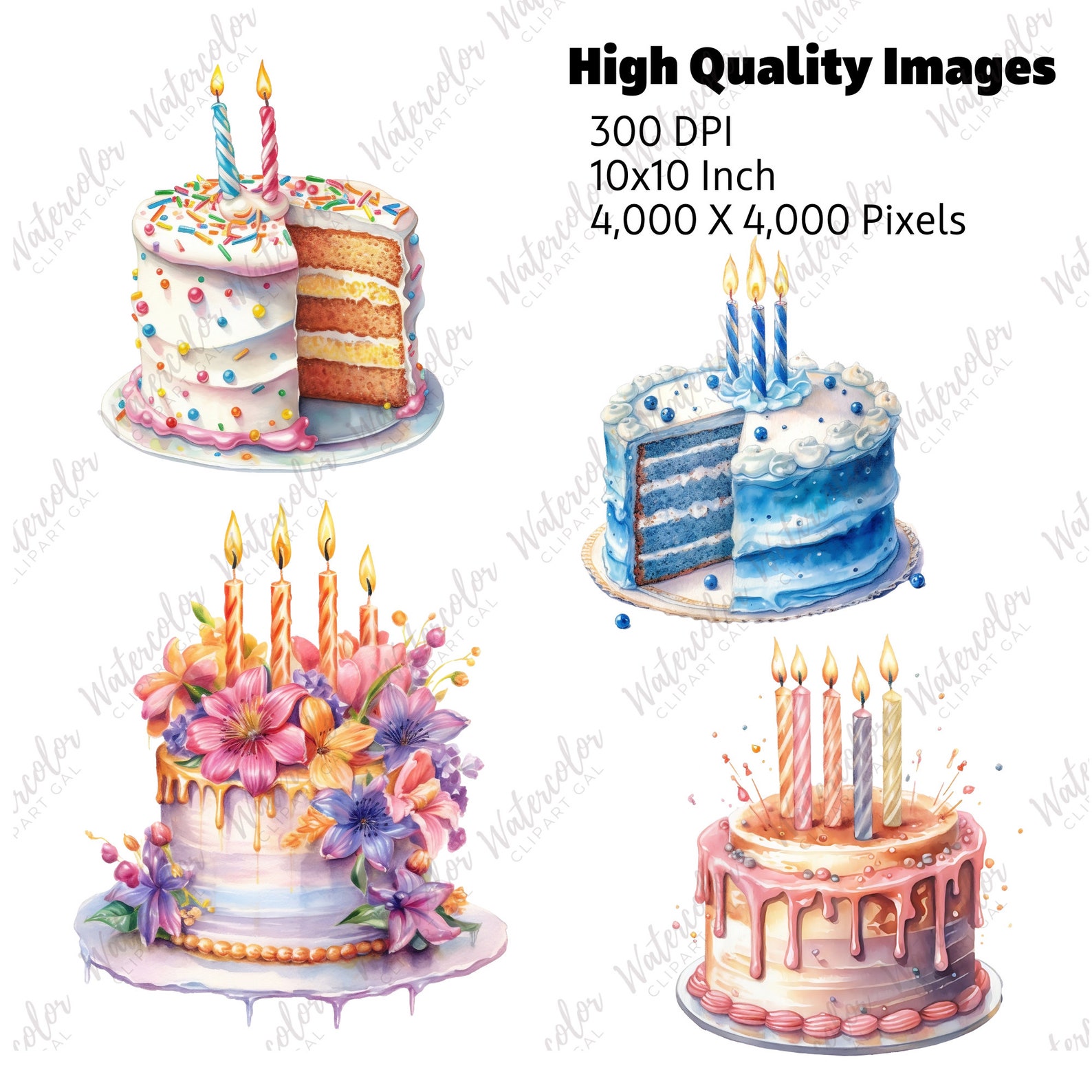 Watercolor Birthday Cake Clipart PNG Bundle - Birthday Party Clipart ...