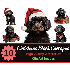 Christmas Black Cockapoo Clipart Watercolor Bundle | Dog Portrait | Christmas Dog Clipart | Junk Journal Dogs | Cardmaking Embellishment