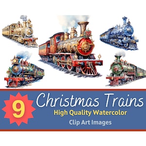 Tren de Navidad PNG Paquete de acuarela / Tren vintage de Navidad / Clipart de Navidad rústico / Planificador de vacaciones / Embellecimiento de tarjetas