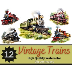 Paquete PNG de imágenes prediseñadas de tren de acuarela / Tren vintage PNG / Arte del tren de vapor / Diario basura / Tren retro / Imágenes prediseñadas de tren rústico