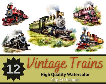 Watercolor Train Clipart PNG Bundle | Vintage Train PNG | Steam Train Art | Junk Journal | Retro Train | Rustic Train Clipart