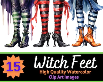 Whimsical Witch Feet PNG Halloween Watercolor Bundle | Halloween Witch Clipart | Junk Journal | Halloween Planner | Cardmaking Embellishment
