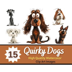 Quirky Dog Clipart PNG Bundle | Whimsical Junk Journal | Whimsical Ephemera | Funny Cartoon Dogs | Dog Mom Art Print | Pet Birthday Card