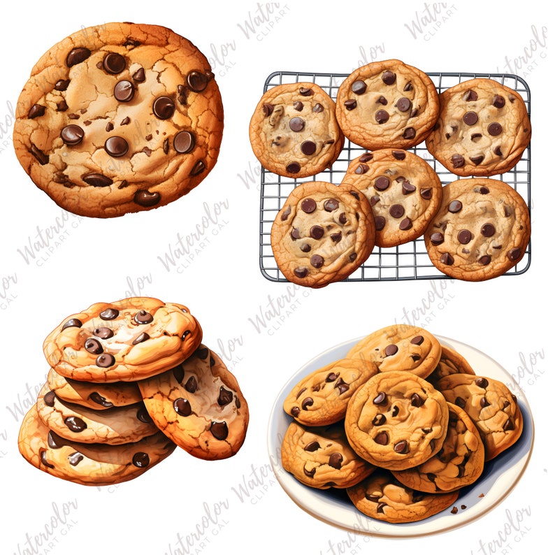 Chocolate Chip Cookie Clipart Watercolor Bundle | Dessert Clipart ...