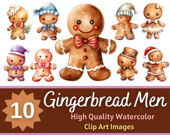 Gingerbread Man Clipart PNG Watercolor Bundle | Kawaii Gingerbread Cookie | Holiday Sweet Baking Clipart | Cardmaking Embellishment