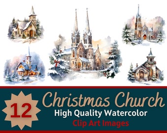 Vakantie kerst kerken aquarel PNG bundel - christelijke kunst PNGs voor sublimatie - HQ afdrukbare kerst christelijke digitale clipart