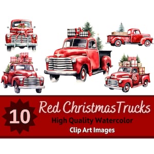 Red Christmas Truck Watercolor PNG Bundle | Christmas Truck Junk Journal Printable | Cottagecore Holiday Clipart | Cardmaking Embellishment