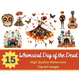 Whimsical Dia de los Muertos PNG Watercolor Bundle |  Cute Day of the Dead Mexican Halloween | Quirky Clipart Latino Heritage | Sugar Skull