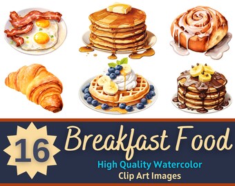 Breakfast Foods Clipart Watercolor Bundle | Breakfast PNG | Food Clipart | Pancake Party Invitation | Cooking Clipart | Waffles PNG