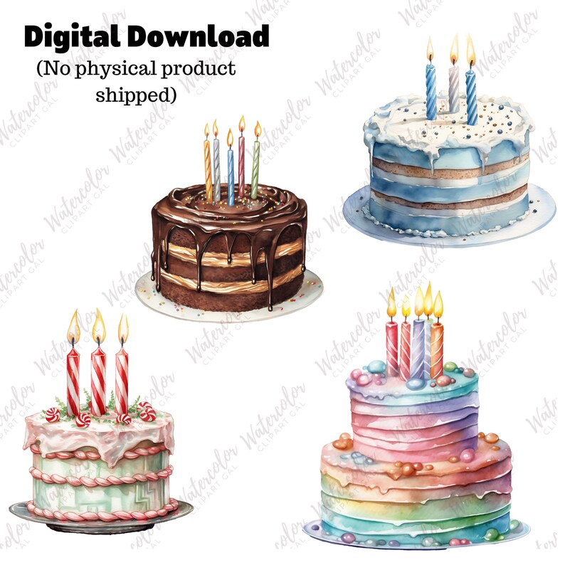Watercolor Birthday Cake Clipart PNG Bundle - Birthday Party Clipart ...