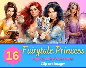 Conte de fées Princesse Clipart Aquarelle Bundle | Conte de fées PNG | Journal indésirable des amateurs de livres | Clipart fantastique | Princesse Fête Clipart