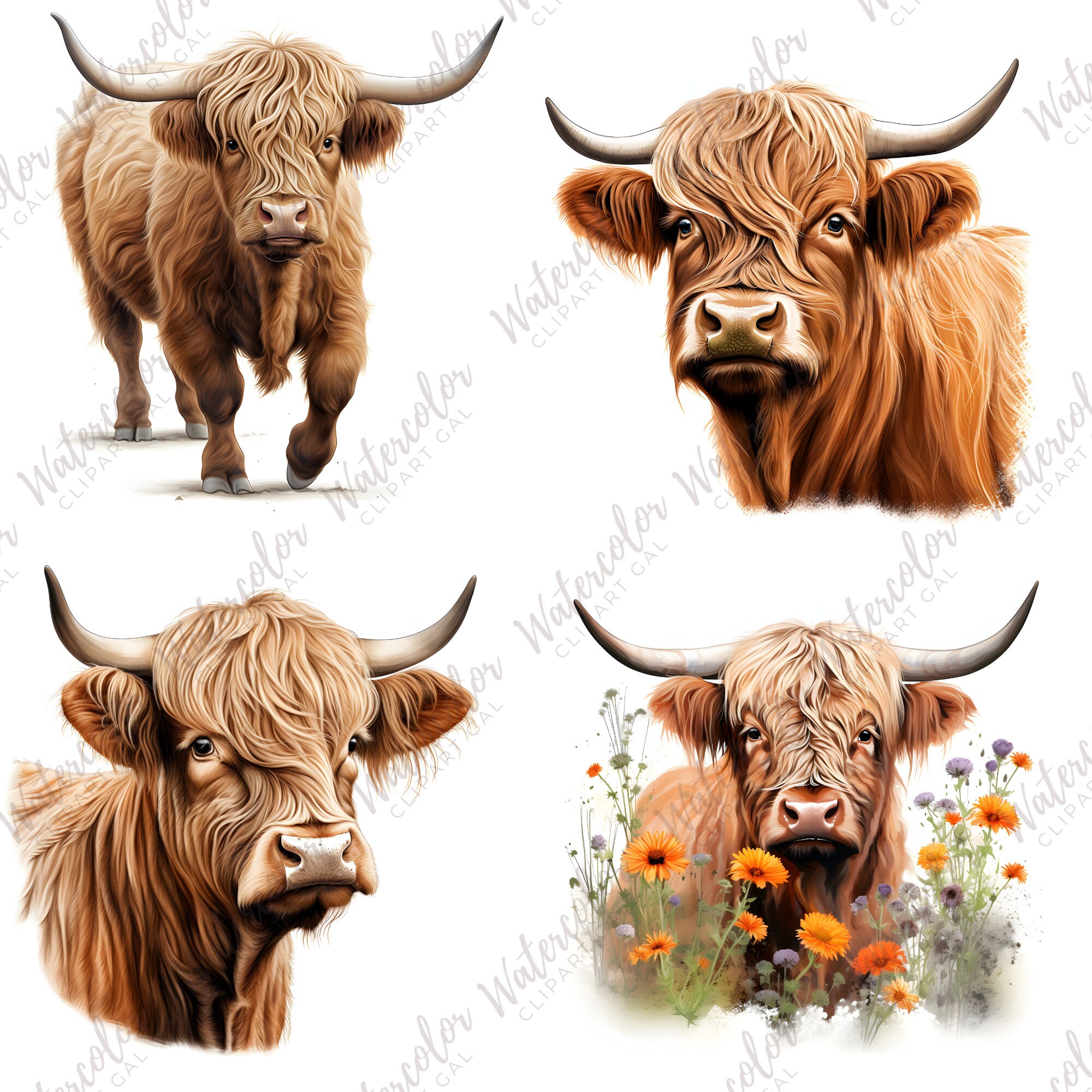 Highland Cow Clipart Watercolor PNG Cute Animal Clipart Barnyard ...