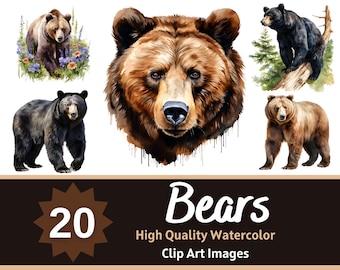 Paquete de acuarela PNG de oso / Imágenes prediseñadas de oso / Imágenes prediseñadas de animales / Vivero de bosques / Imágenes prediseñadas de animales del bosque / Animales del bosque / Impresión de arte de oso