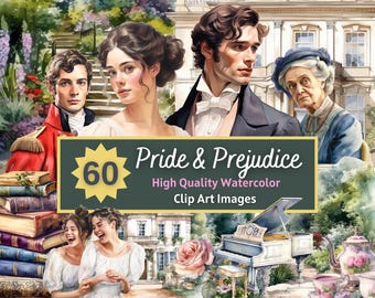 Orgueil et Préjugés - Pack d'aquarelles PNG - Images PNG aquarelles romantiques vintage pour sublimation - Illustrations de Jane Austen à imprimer en haute qualité (téléchargement numérique)