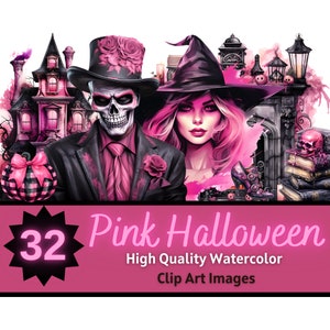 May include: Pink Halloween clip art images featuring a skeleton wearing a top hat and a witch with a black hat. The images are set against a pink and black background with a haunted house and other Halloween decorations.