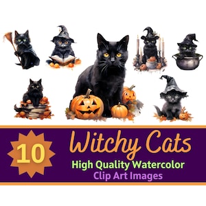 Halloween Witchy Cat Clipart PNG Watercolor Bundle | Halloween Black Cat | Junk Journal | Halloween Planner | Cardmaking Embellishment