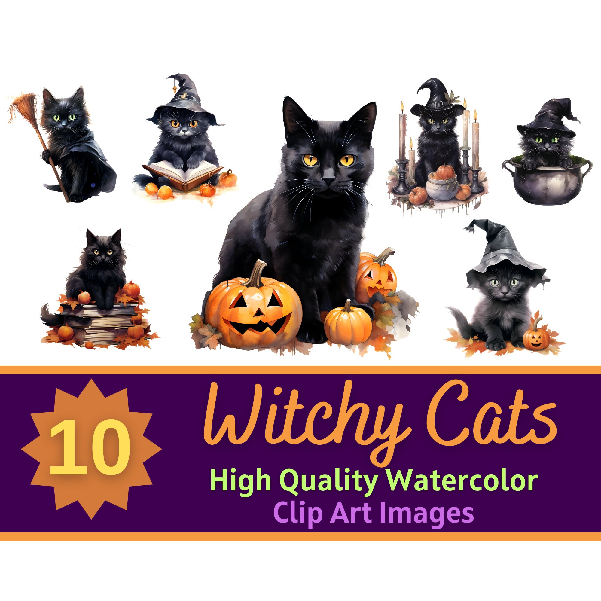 Halloween Witchy Cat Clipart PNG Watercolor Bundle | Halloween Black ...
