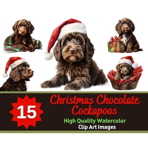Paquete PNG de Cockapoo de chocolate de Navidad / Clipart de perro de Navidad / Diario basura de vacaciones / Clipart de Cockapoo / Arte de tarjeta de Navidad / Impresión de perro