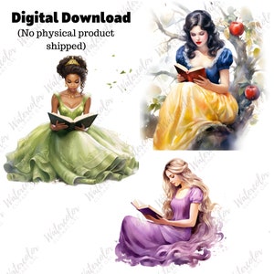 Clipart de conte de fées Reading Princess PNG aquarelle Bundle | Journal des amoureux des livres imprimable | Clipart fantastique | Faire-part d'anniversaire image 4