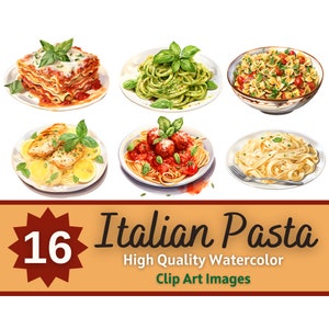 Italian Pasta Clipart Watercolor Bundle | Italian Food PNG | Spaghetti Clipart | Dinner Clipart | Junk Journal | Cardmaking Embellishment
