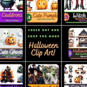 May include: A digital collage of Halloween clip art images. The images include cauldrons, pumpkins, witches, ghosts, haunted houses, and skeletons. The text "CHECK OUT OUR SHOP FOR MORE Halloween Clip Art!" is in the centre of the image.